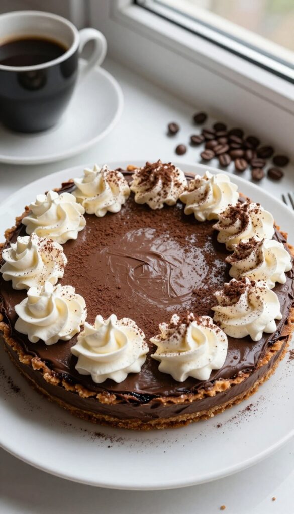 A slice of mocha chocolate cream pie with whipped cream and cocoa dusting on a white plate, with coffee cup and beans nearby.