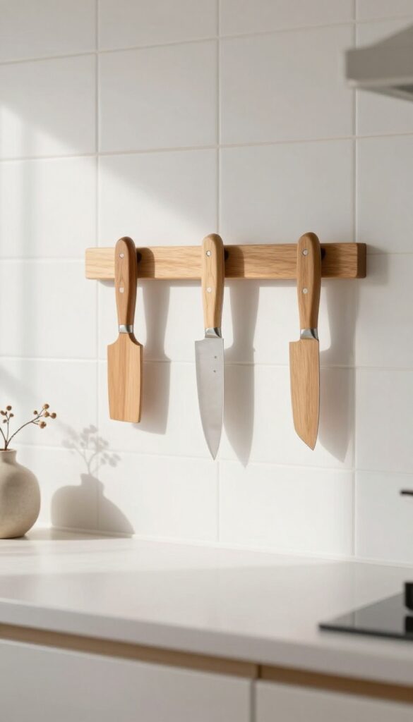 Slim wooden magnetic knife strip on white tile backsplash in a bright Japanese kitchen