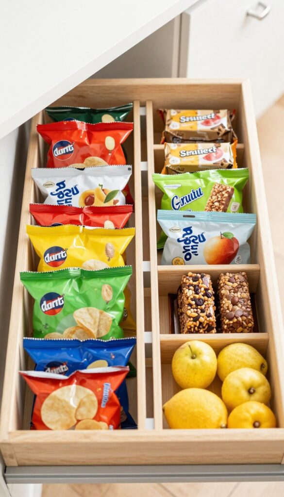 Organized pantry drawer with wooden dividers holding snack packs upright, visible and accessible.