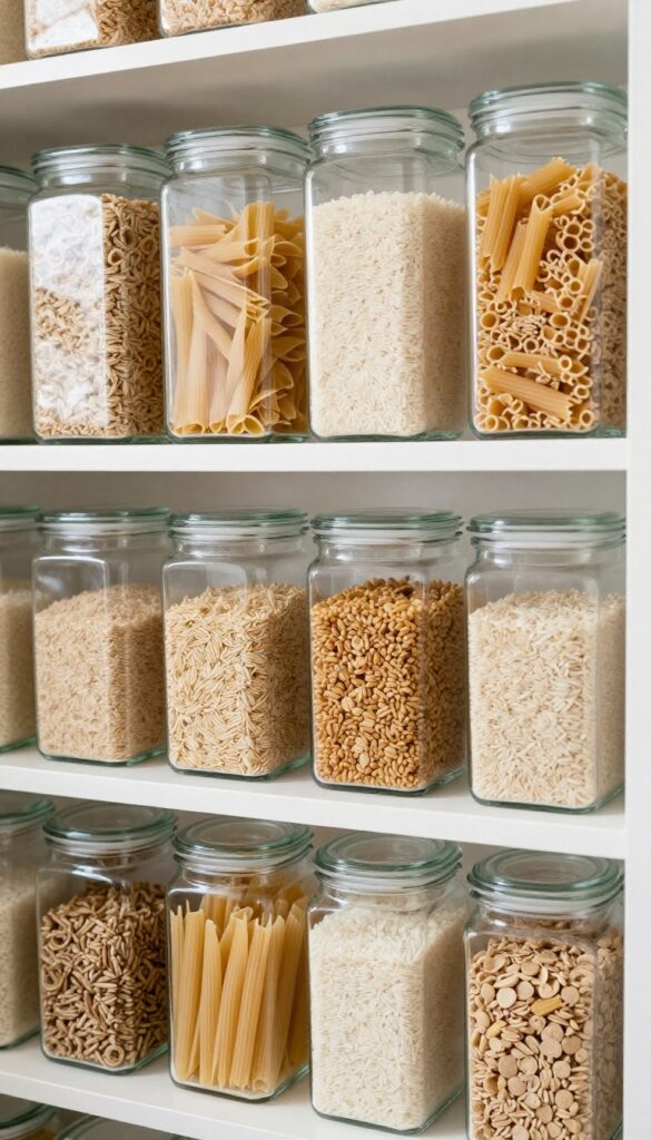 Clear glass canisters neatly arranged on a pantry shelf, filled with dry goods and labeled with chalkboard tags, in bright natural light.