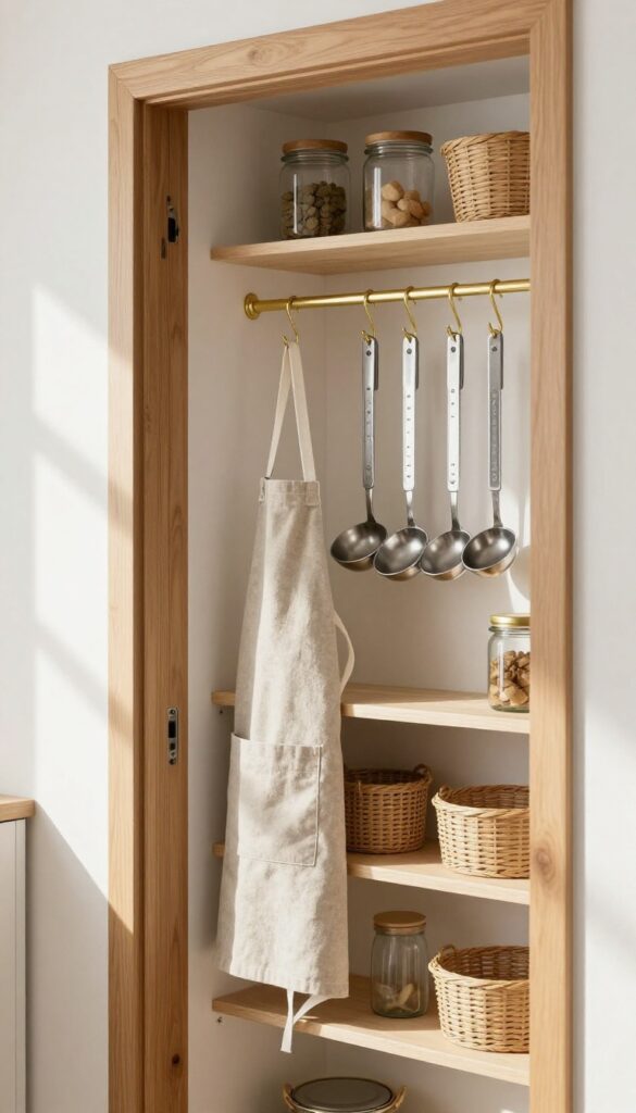 A bright pantry with a brass hook on the inside of the door holding measuring spoons and an apron