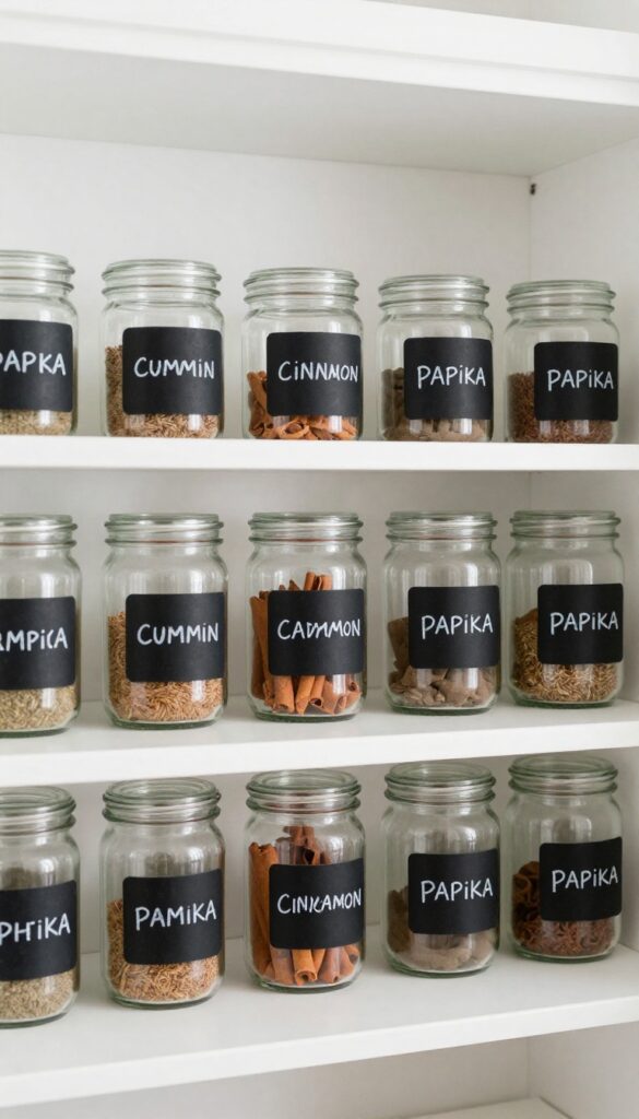 Glass jars with chalkboard labels on a pantry shelf