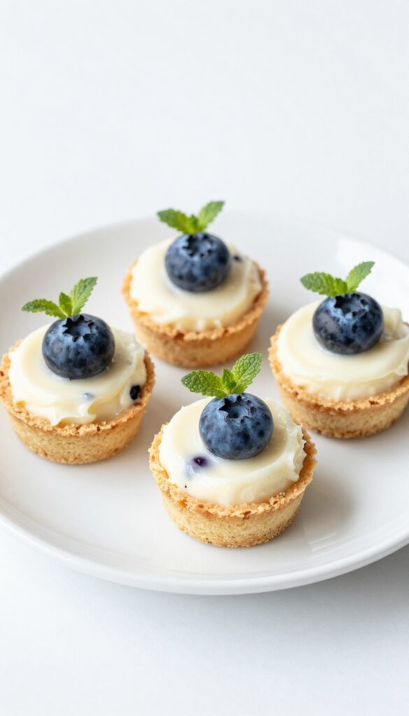 Three keto blueberry cheesecake bites on a white plate, each topped with a blueberry and mint leaf