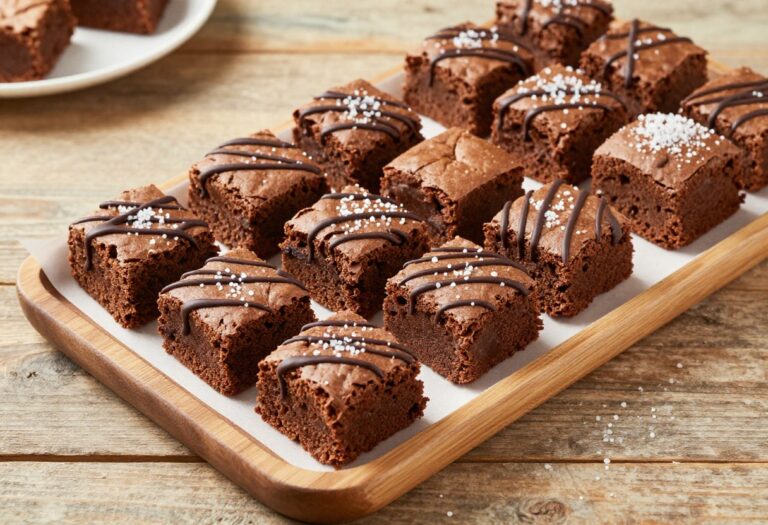 Assorted gluten-free brownies on a wooden platter, some drizzled with caramel and sprinkled with sea salt, showing fudgy texture.