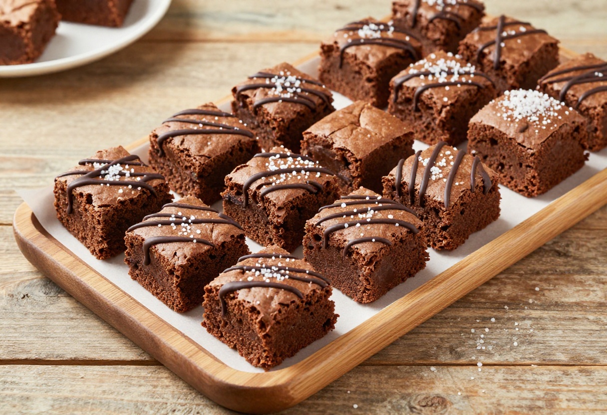 Assorted gluten-free brownies on a wooden platter, some drizzled with caramel and sprinkled with sea salt, showing fudgy texture.