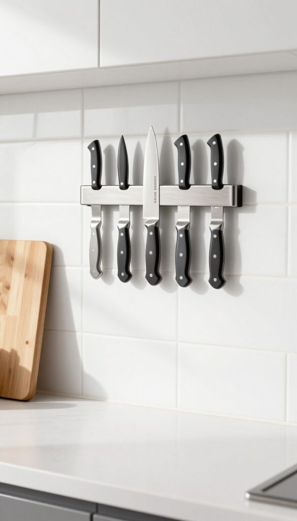 Sleek magnetic knife strip on white subway tile backsplash holding chef's knives, bright natural light, clean countertop