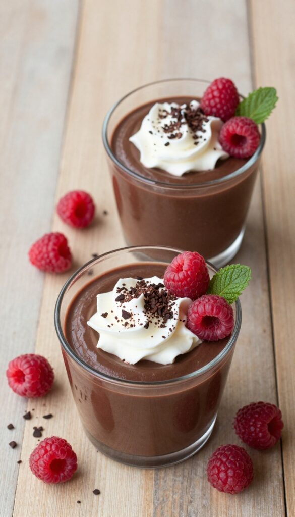 Chocolate avocado pudding in clear cups with whipped cream, cacao nibs, raspberries, and mint on a wooden table.