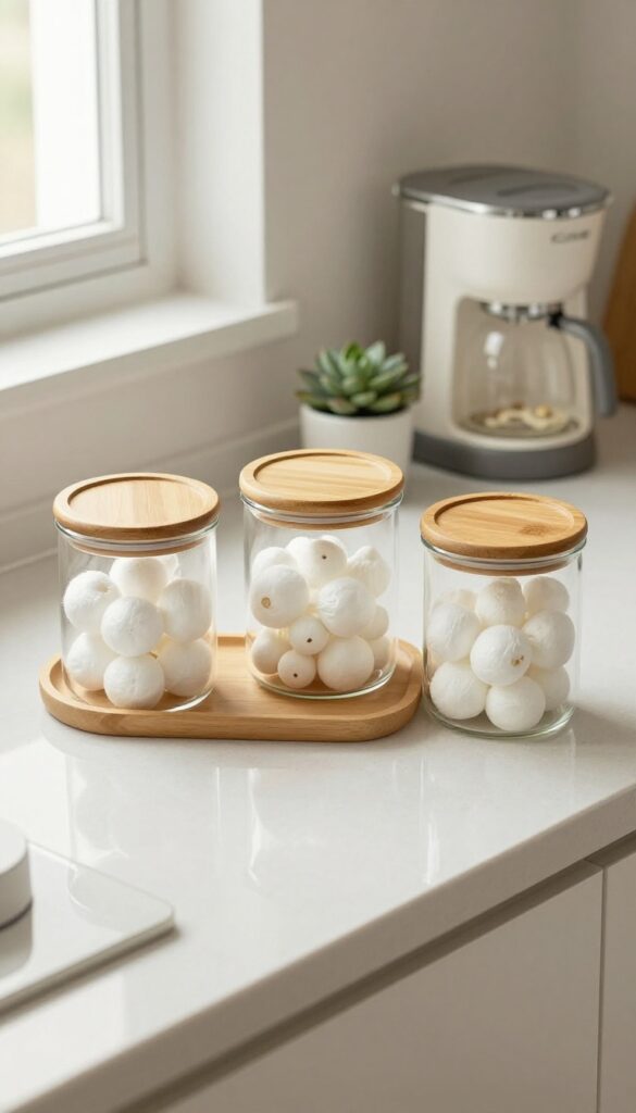 Clear glass canisters with bamboo lids on a wooden tray on a kitchen counter, containing baby formula and snacks, next to a coffee station and a small plant.