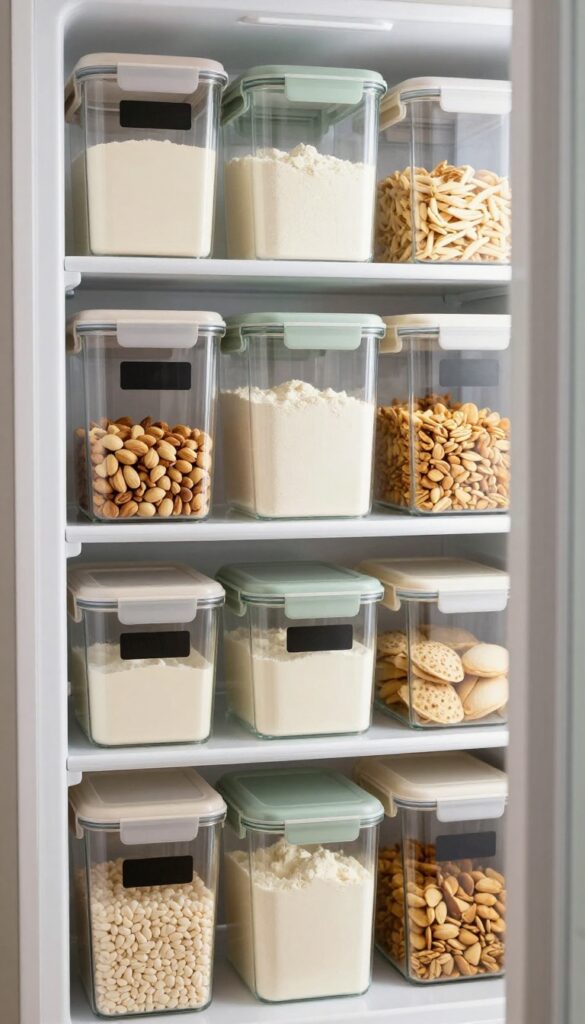A neatly organized double door fridge with rows of matching airtight containers for bulk items, clear glass and frosted plastic, soft neutral colors, chalkboard labels, bright natural light.