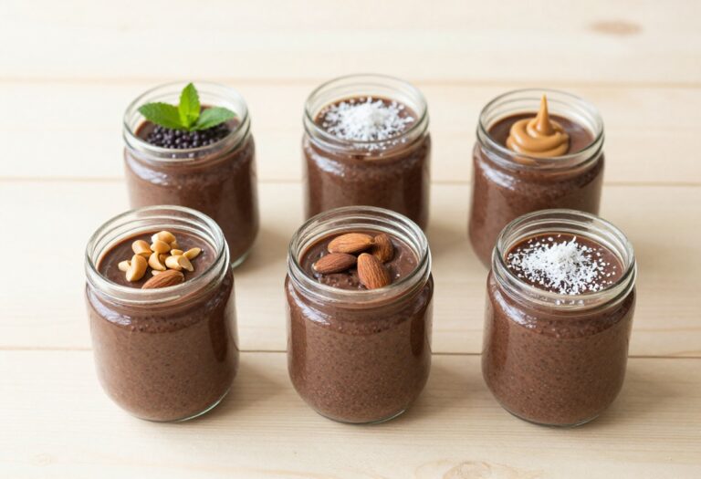 Five jars of keto chocolate chia pudding with various toppings on a wooden table.