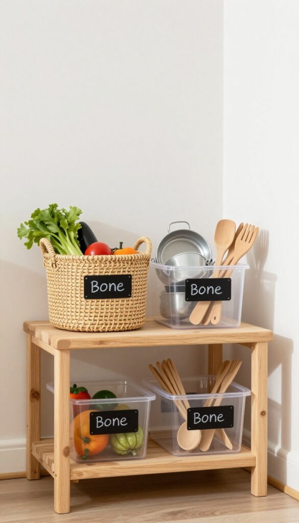 Play kitchen organization with labeled baskets and bins for toy storage
