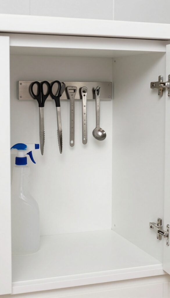 Under-sink cabinet with magnetic strip holding metal kitchen tools