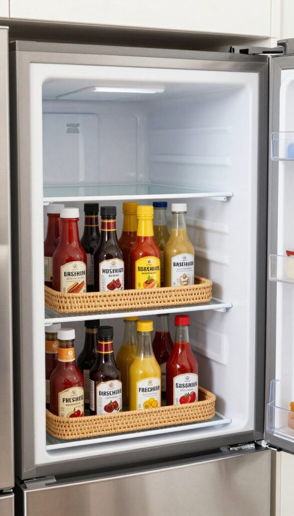A small woven seagrass tray on a refrigerator shelf holding a cluster of condiment bottles, adding warmth and organization.