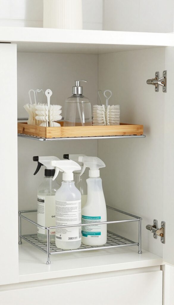 Under-sink cabinet with two-tier chrome shelf riser organizing cleaning supplies vertically