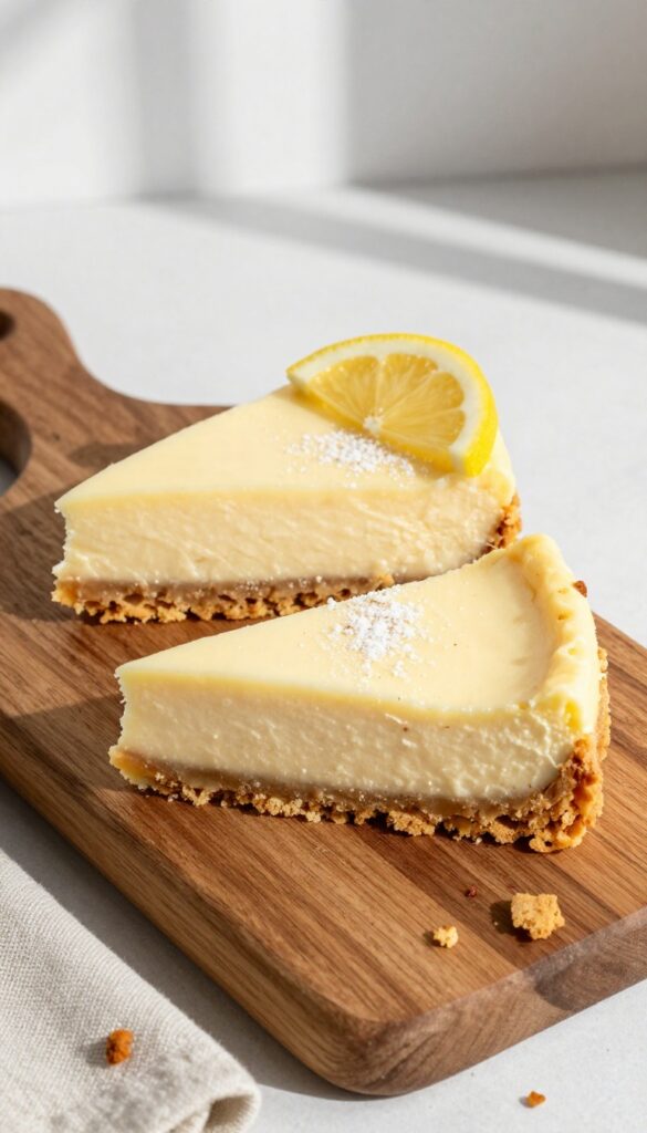 Keto lemon cheesecake bars with gingersnap crust on a wooden board