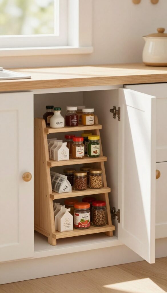 Tiered spice rack inside a play kitchen cabinet organizing small play food items