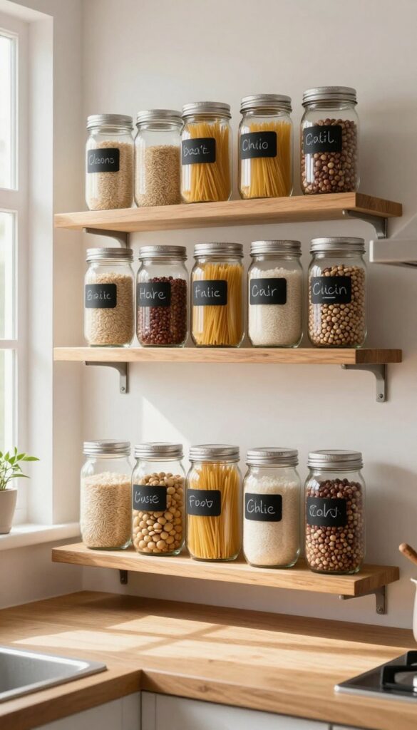 Mason jars hanging under a kitchen shelf, filled with dry goods, in a bright, organized kitchen.
