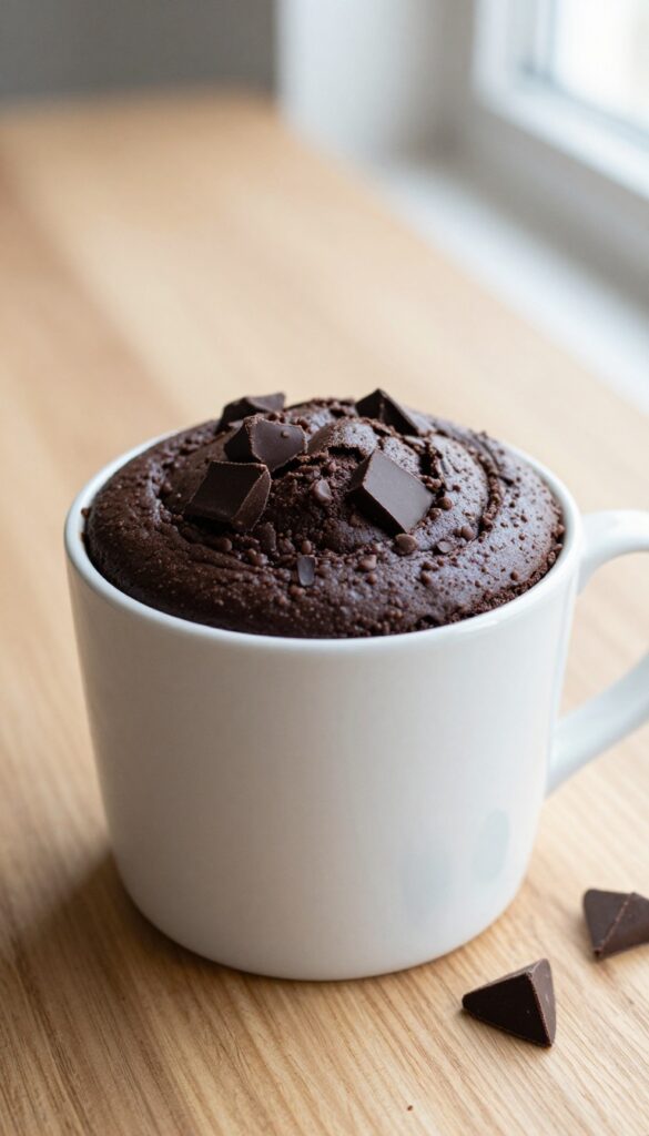 Double chocolate chunk mug cake in a white mug on a wooden table with chocolate chunks scattered around.
