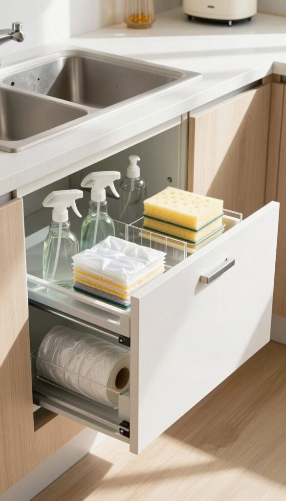 Under-sink pull-out drawers with cleaning supplies organized in sections, bright natural light, modern kitchen.
