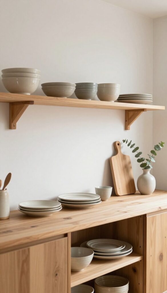 Low open shelf in Japanese kitchen with earthy ceramic bowls and plates, eucalyptus sprig, warm natural light