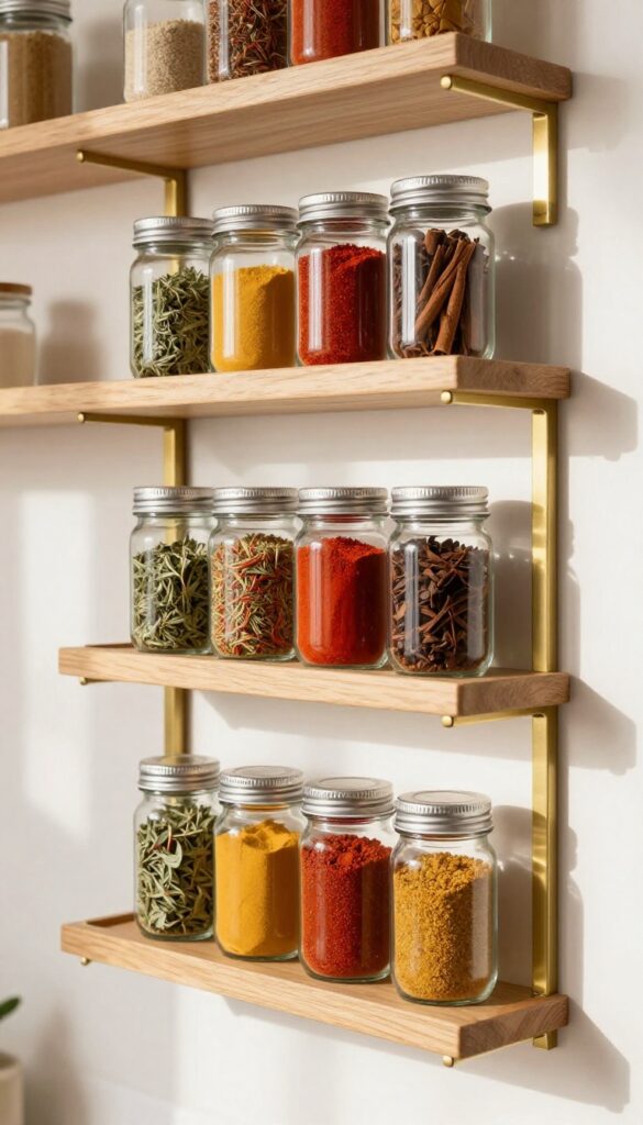 Over-the-door spice rack filled with glass jars of spices, attached to a pantry door in a bright, organized kitchen.
