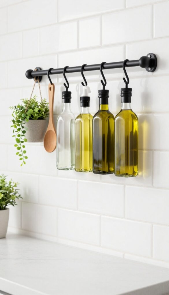 Wall-mounted rail with hooks holding condiment bottles on a kitchen backsplash