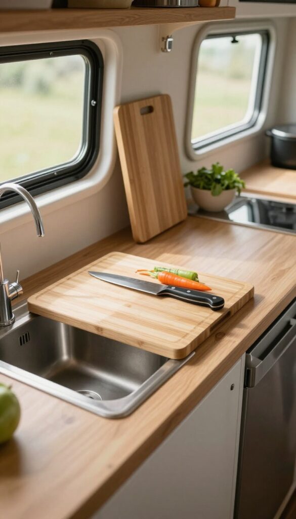 Over-the-sink cutting board in a camper kitchen with vegetables and knife