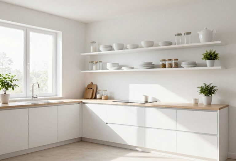 Modern kitchen with open shelves neatly organized with white dishes and glass jars