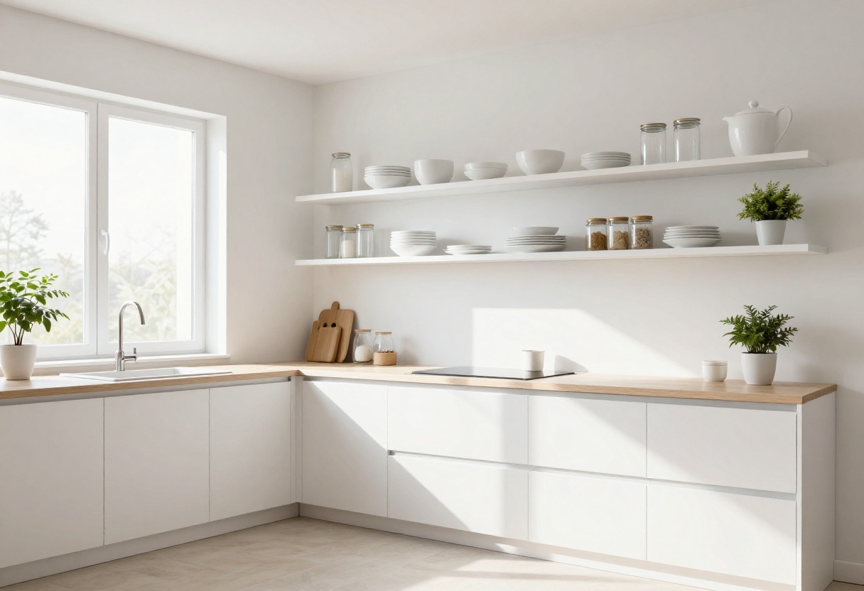 Modern kitchen with open shelves neatly organized with white dishes and glass jars