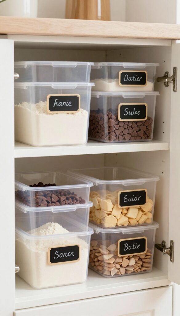 Clear stackable bins with baking supplies organized in a kitchen cabinet, with chalkboard labels and natural light.