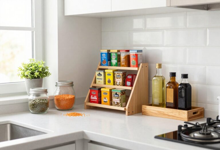 Organized Indian kitchen counter with tiered spice rack, glass jars, and a tray of essentials in natural light.