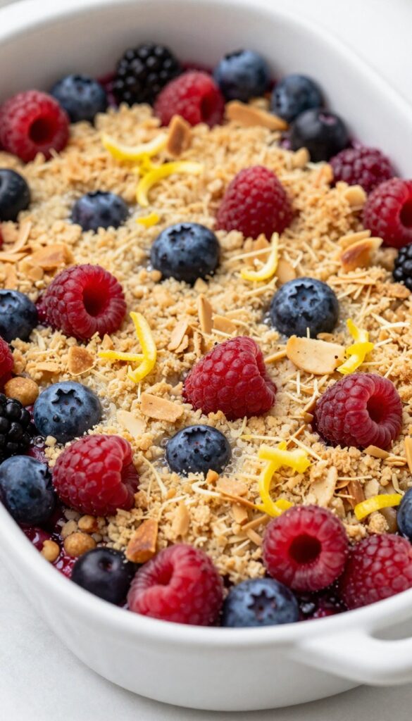 Mixed berry keto crisp with lemon zest in a baking dish