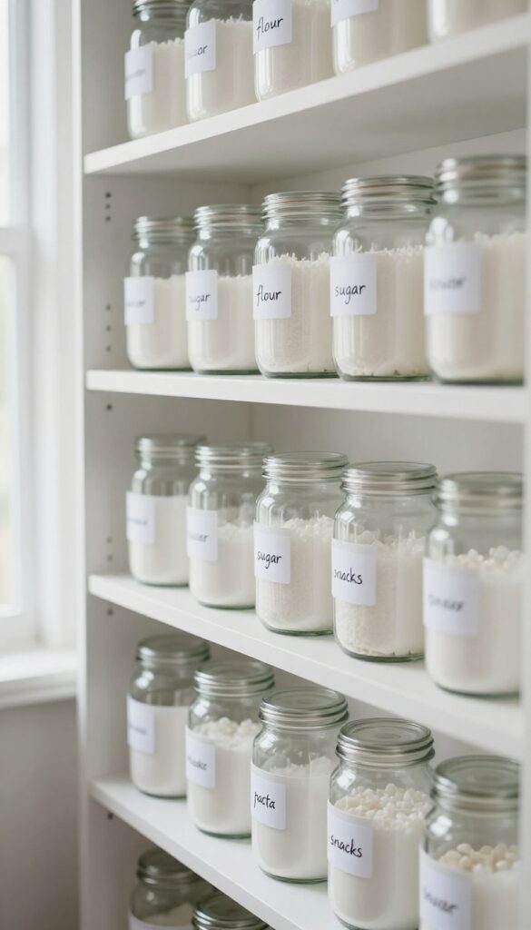 A bright pantry with white shelving filled with labeled clear jars and white bins, creating a clean and organized look.
