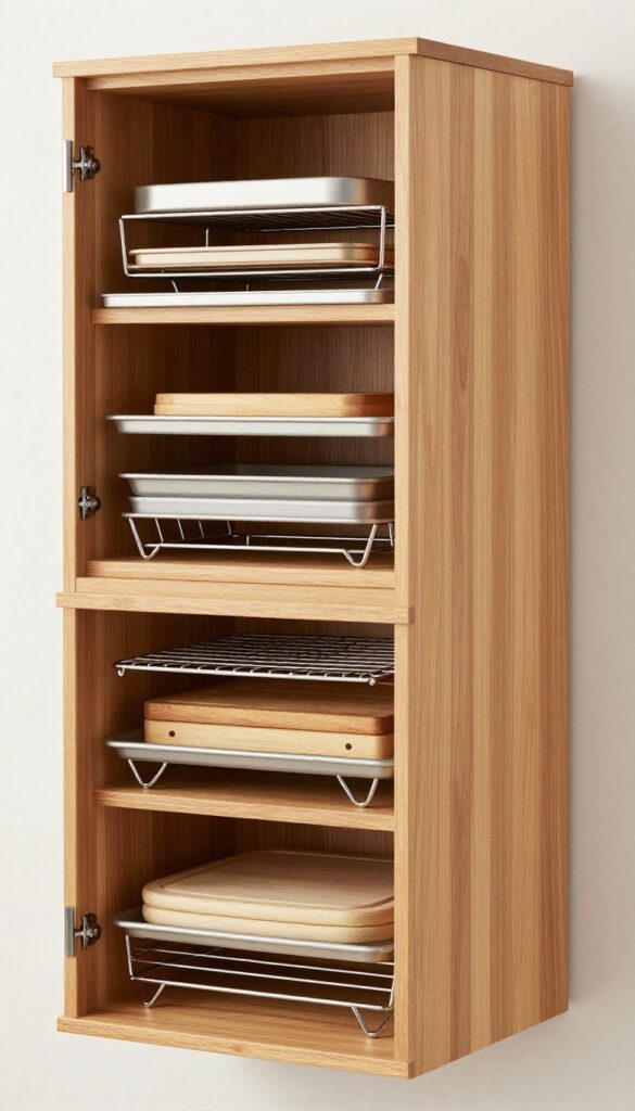 Vertical dividers in a kitchen cabinet organizing baking sheets upright