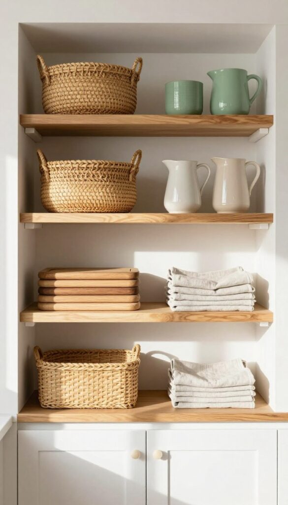 Open kitchen shelves with woven baskets, wooden cutting boards, and linen napkins in a neutral, warm-toned kitchen