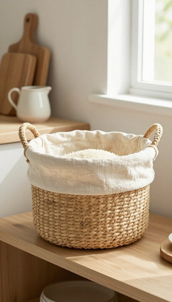 A woven basket with a fabric liner holding rice on a kitchen shelf, surrounded by wooden cutting boards and a ceramic pitcher, with natural light.