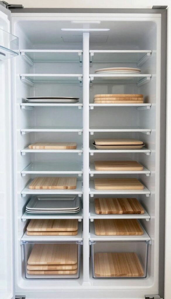 Vertical dividers in a fridge organizing baking sheets and trays upright