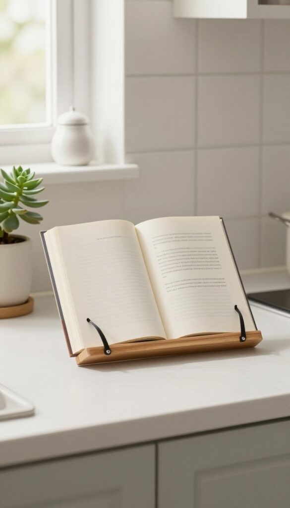 A clean kitchen countertop with a single cookbook on a stand, a small plant, and a salt cellar, bathed in natural light.