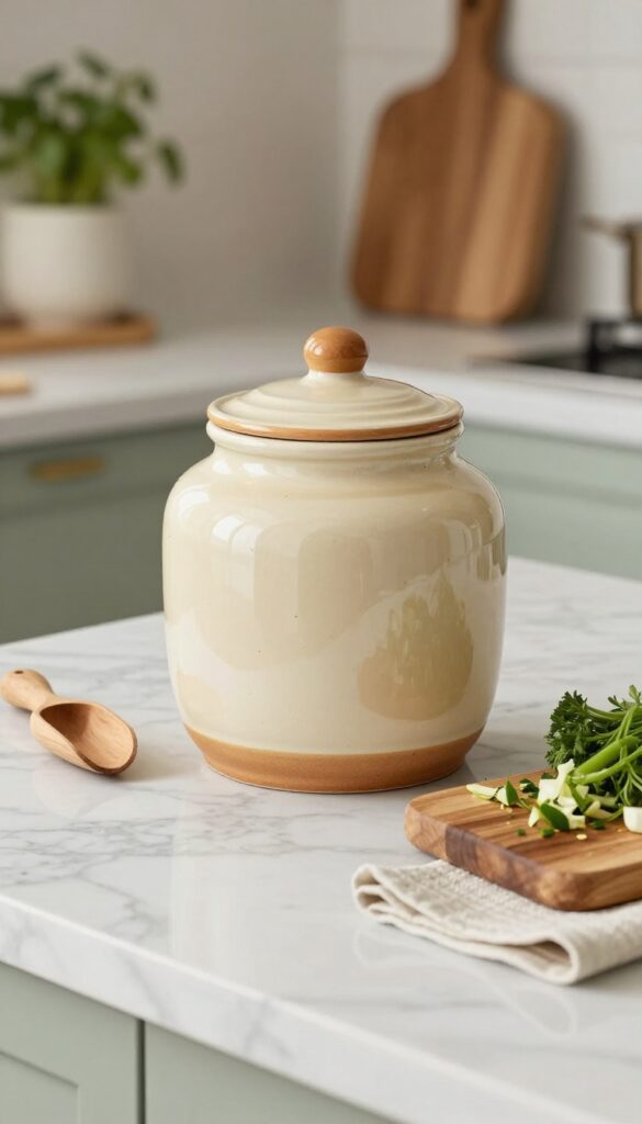 A decorative lidded ceramic jar on a kitchen island countertop, used for compost or trash, with a cutting board and cloth napkin.