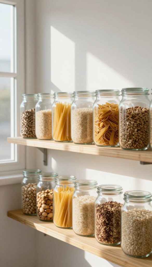 Clear glass jars neatly organized on a pantry shelf, filled with dry goods like pasta and grains, with natural light highlighting the contents.
