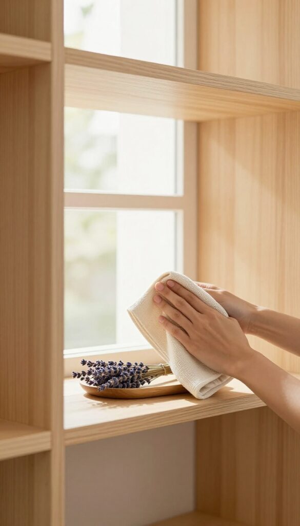 Clean empty pantry shelves with natural light and dried lavender tray
