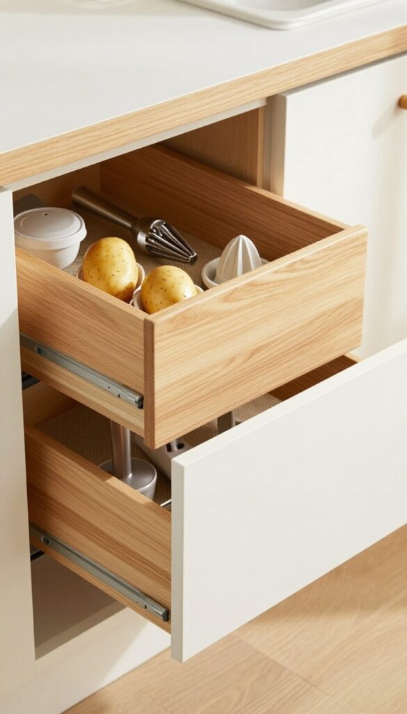 Pull-out drawer dividers organizing kitchen gadgets in a deep cabinet