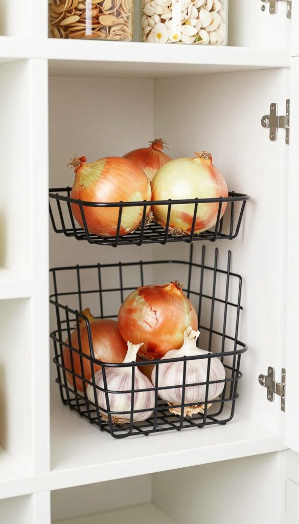 Black wire basket mounted inside a kitchen pantry door filled with onions and garlic, natural light, organized pantry shelves in background.
