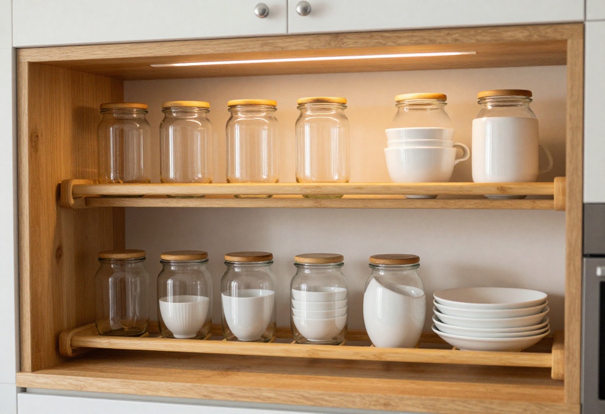 Warm cozy kitchen with open shelving, clear jars, wooden knife strip, and bamboo drying rack