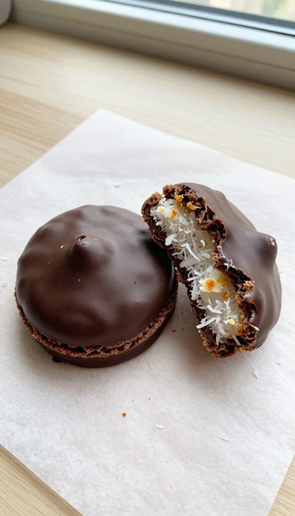Two chocolate-dipped keto coconut macaroons on parchment paper, one whole and one broken in half, showing the coconut interior.