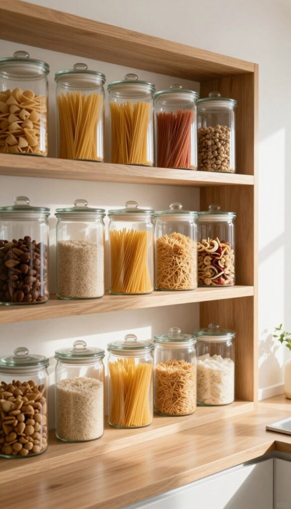 Clear glass canisters on open shelves in a small kitchen, filled with dry goods, creating an organized and streamlined look.