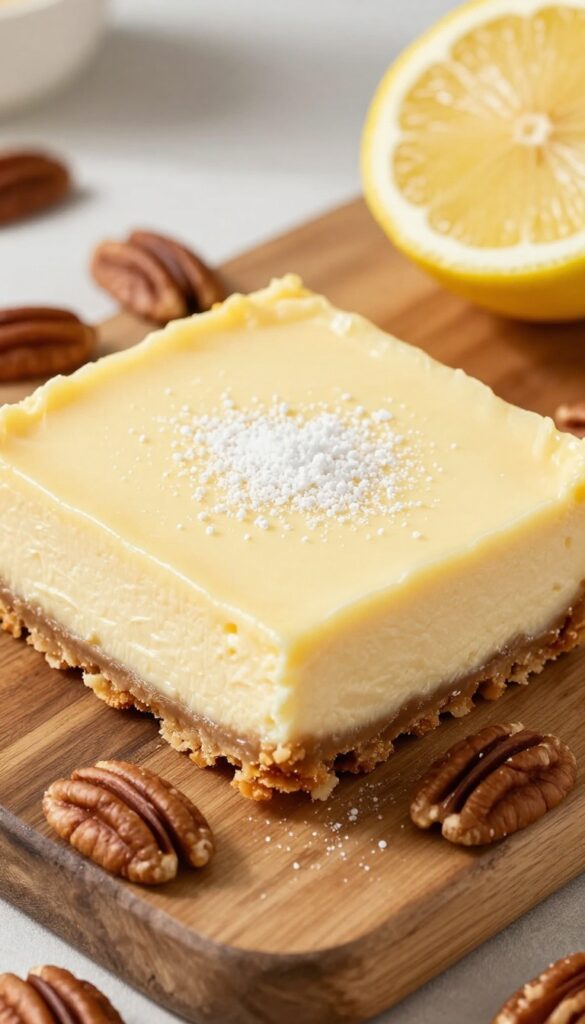 Keto lemon cheesecake bar with pecan crust on wooden board