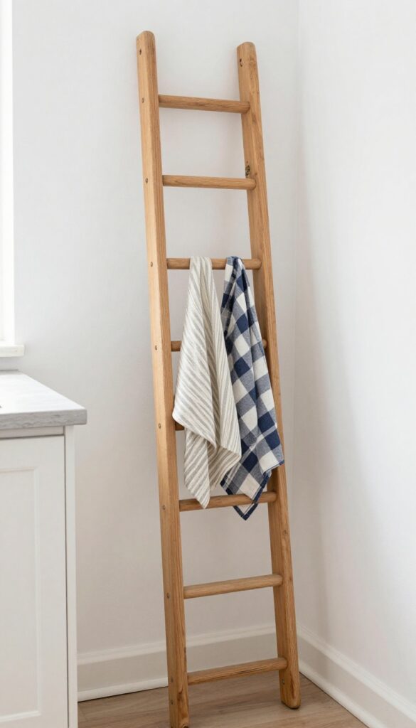 Repurposed wooden ladder used as a towel rack in a small farmhouse kitchen, with striped and plaid towels draped over the rungs.