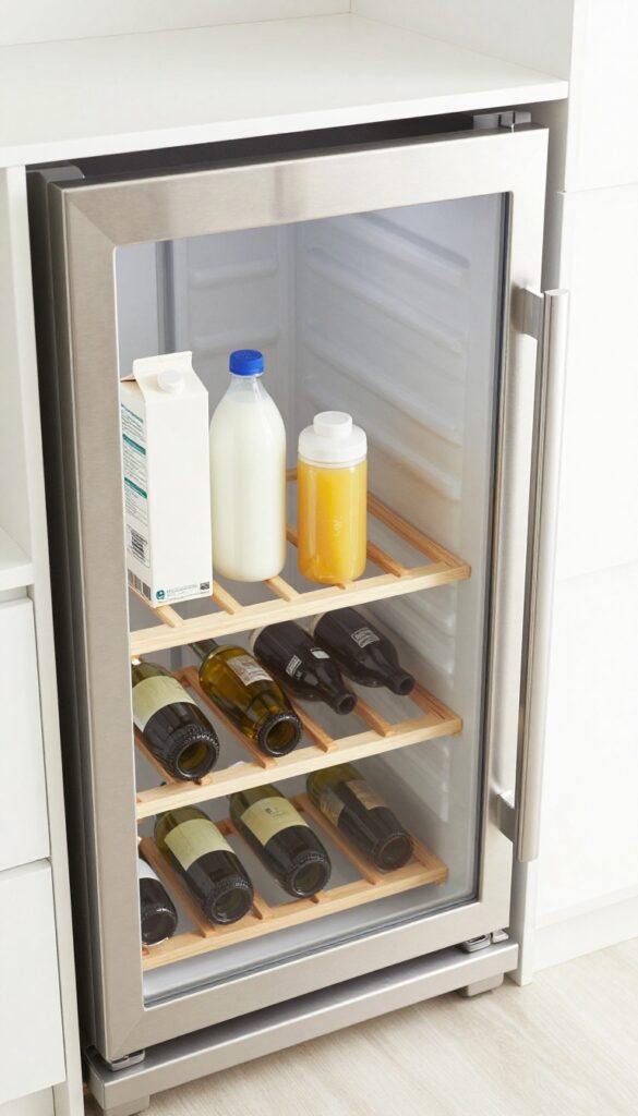 French door refrigerator with a wooden wine rack insert holding bottles horizontally, alongside milk and juice cartons.