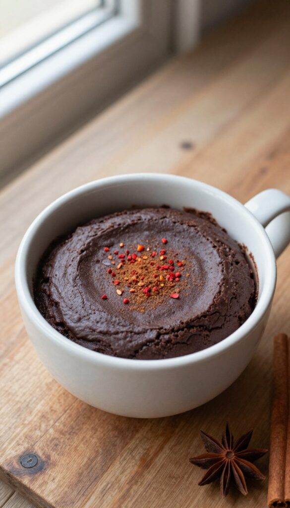 Keto spicy Mexican chocolate mug cake in a ceramic mug with cinnamon and cayenne garnish on a wooden table.